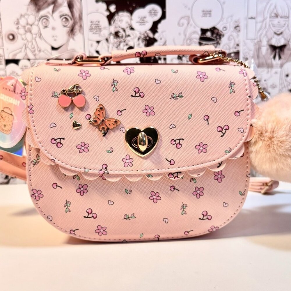 Underonesky Pink Scalloped Cherry Heart Butterfly Crossbody Purse Embellished